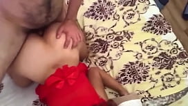 A mature mom in red lingerie sucked her sons penis and let him into her anal